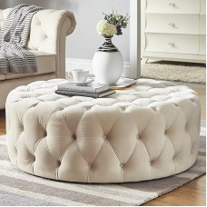 Prabangus patogus pliušinis kojų atramos taburetė, mažas modernus kavos staliukas, apvali tufted aksomo taburetė, lovos galo suoliukas svetainei, priimamajam, miegamajam, smėlio spalvos, 60 x 60 x 40 cm (24 x 24 x 16 colių)