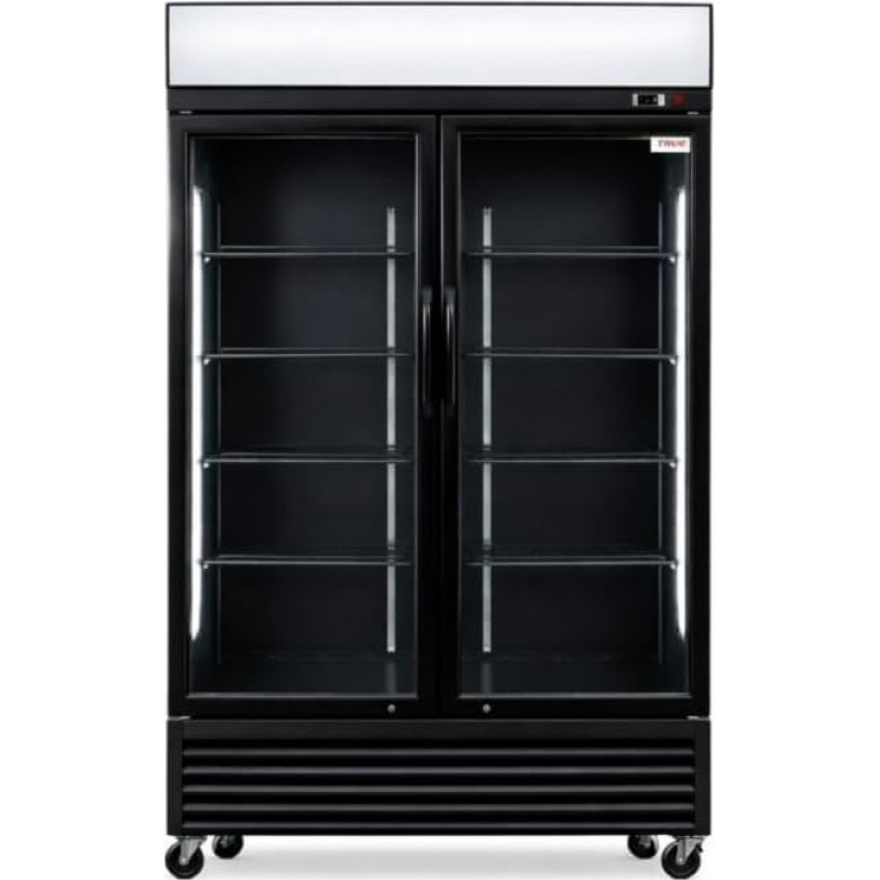 Gėrimų spintelė su 2 stiklinėmis durelėmis 880 l - 2-8 °C temperatūra - LED apšvietimas - Dvigubi stiklai - Ratukai - Automatinis uždarymas - Šviečiantis reklaminis dangtelis - Juoda - 1295 x 695 x 2010 mm