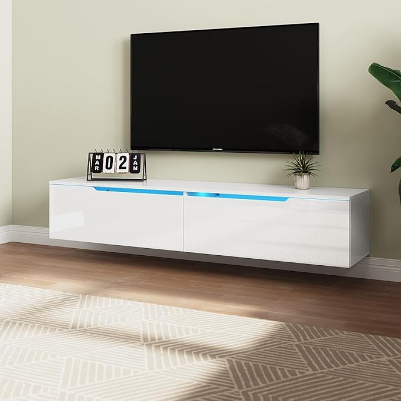 TV spintelė Balta TV spintelė Pakabinama TV spintelė TV lenta su 12 spalvų LED apšvietimu TV baldai Stalo lenta 160 x 35 x 30 cm Mediena
