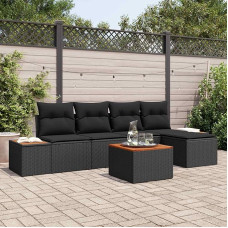 Modulares Gartensofa-Set 6-teilig in Schwarz aus Akazienholz und Polyrattan mit Kissen für den Außenbereich als Outdoor-Sofa-Gruppe