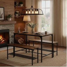FurniturR Valgomasis stalas su 2 lentynomis 3 dalių komplektas 110 x 70 x 75 cm Virtuvės stalas 2 sandėliavimo suolai 100 x 30 x 45 cm Derliaus medinis stalviršis ir juodas metalinis rėmas Rustic Brown and