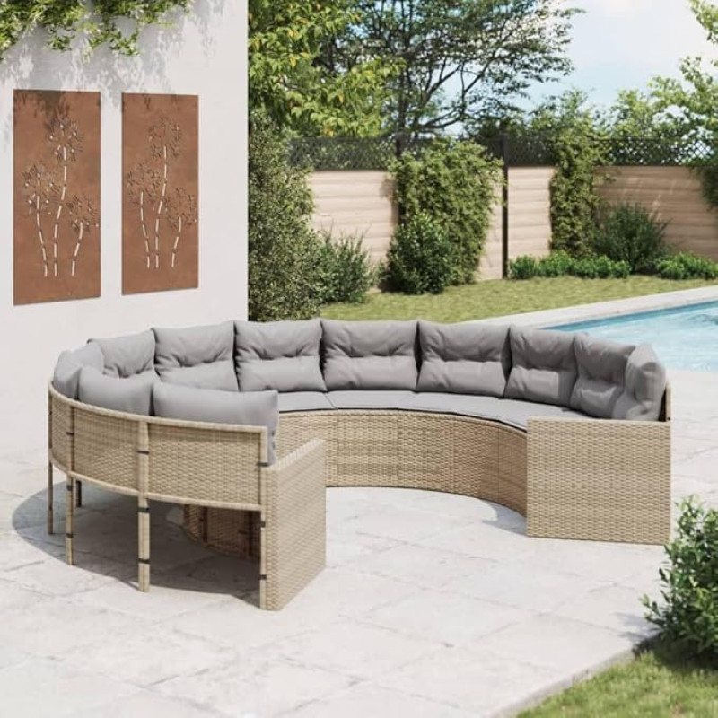 Gartensofa-Set rund mit Polsterkissen in Beige aus PE-Rattan, Outdoor-Sofa rund mit wasserfesten und abnehmbaren Kissen, Gartenmöbel für Terrasse und Garten