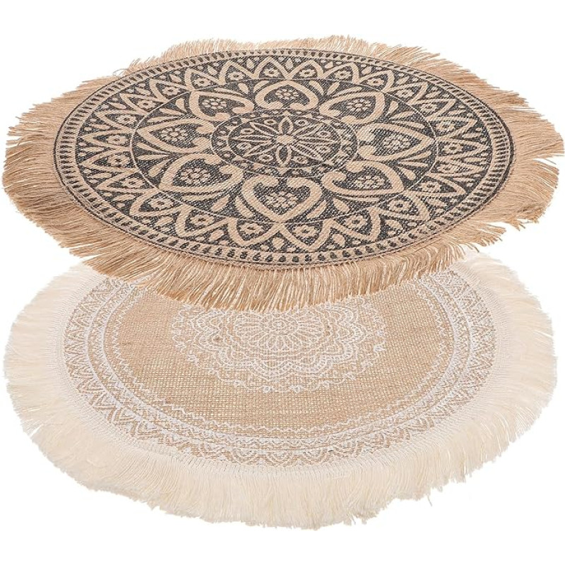 2 Stück Runde Platzsets aus Jute Material Hitzebeständig Schützt Tischoberfläche für Küche und Feiern im Boho Stil mit Fransen