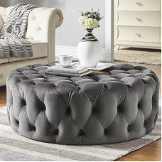 Prabangus patogus pliušinis kojų atrama taburetė, mažas modernus kavos staliukas, apvali tufted aksomo taburetė, lovos galo suoliukas gyvenamajame kambaryje, priimamajame, miegamajame, tamsiai pilka, 60 x 60 x 40 cm (24 x 24 x 16 colių)