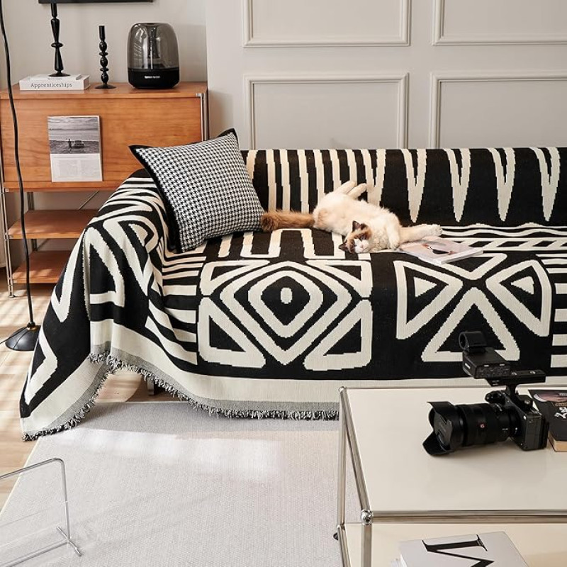 VClife Boho-Couchbezug für Hunde und Katzen, weicher Chenille-Schonbezug für Hunde und Katzen, weicher Chenille-Schonbezug mit dreieckigem Karomuster, Sektional-Couchbezug für 2-3 Kissen, Couch, Sofa,