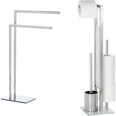 WENKO Recco Towel Rail Freestanding Towel Rail with 2 Parallel Arms, 48 x 80.5 x 20 cm, Chrome & Rivalta Toilet Set, 23 x 70 x 18 cm, Matt Silver