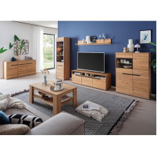 Lomadox Wohnmöbel Set Eiche teilmassiv modern 6-teilig, 1 Sideboard, 1 Vitrine, 1 Wandboard, 1 Lowboard, 1 Couchtisch, 1 Highboard, LED-Beleuchtung - Massivholz/Echtholz/Furniert