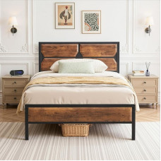 VECELO lovos rėmas 90 x 200 cm lovos rėmas su mediniu galvūgaliu, metaliniu skersiniu rėmu ir 31 cm talpa, pramoninio dizaino, stabilus ir tylus, skirtas paauglių ir svečių kambariui, rudos spalvos