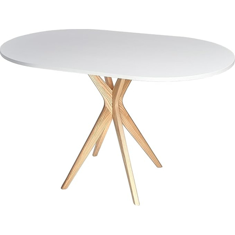 RAGABA Ovalus valgomojo stalas Small 100 x 75 cm, X-formos, valgomasis stalas 4 asmenims, medžio masyvas, modernus, taupantis erdvę, baltas