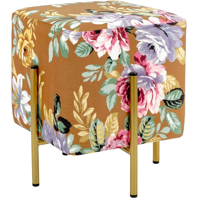 Baroni Home Square Velvet Footstool Padded Living Room Pouf Pouf Bench for Bedroom Flower Base Cognac 33x33x38cm