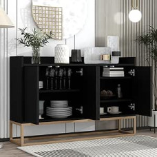 BestAlice Mobile Sideboard, Kitchen Cabinet, Modern Storage Cabinet, Living Room Sideboard, 120 x 30 x 80 cm, with Metal Frame, Golden Legs and Shelves, for Living Room, Entrance (Black)