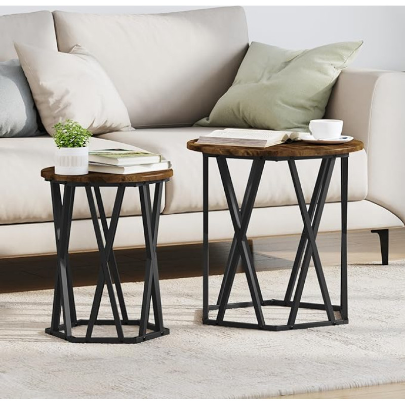 Moderner Couchtisch Runde Geräucherte Eiche mit Metallrahmen für Wohnzimmer, Stabiler Beistelltisch mit elegantem Design, einfach zu montieren und platzsparend.