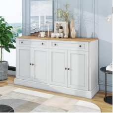 Oyemige Sideboard White Chest of Drawers with 4 Doors and 2 Drawers, 150 x 40 x 86 cm, Kitchen Cabinet, Sideboard, Antique White, Living Room, Kitchen, Buffet Cabinet, Sideboard, Kitchen Cabinet with