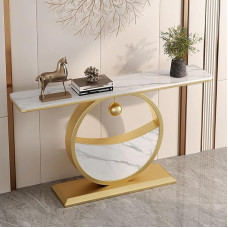Moderne Halbmond-Konsole Akzenttisch, schmale Schiefertischplatte, Luxus-Eingangskonsole Sofa-Tisch mit Metallgestell, minimalistisches Flurmöbel für Wohnzimmer(Gold B, 150cm/59in)
