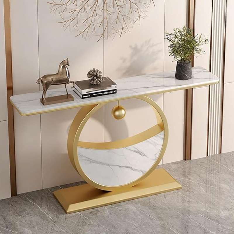 Moderne Halbmond-Konsole Akzenttisch, schmale Schiefertischplatte, Luxus-Eingangskonsole Sofa-Tisch mit Metallgestell, minimalistisches Flurmöbel für Wohnzimmer(Gold B, 150cm/59in)