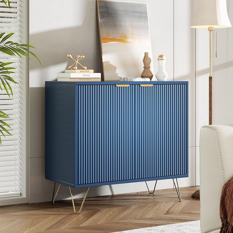 Komoda Žemas 2 durų sandėliavimo spintelė Navy Modern Sideboard Metalinė rankena ir kojos Auksinė virtuvė Svetainė Miegamasis