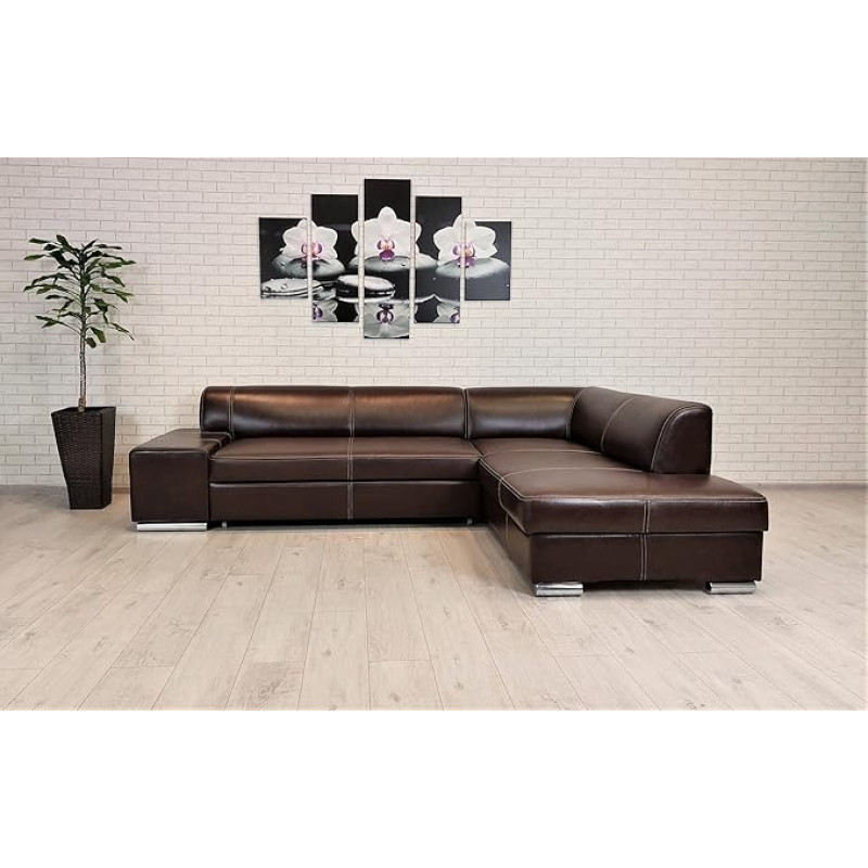London II kampinė sofa 275 x 200 cm Tamsiai ruda natūrali oda su dekoratyviniais dygsniais Sofa-lova su miego funkcija Tikros odos kampinė sofa