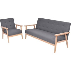 Bequemes 2-TLG. Sofa-Set in Stoff für Wohnzimmer, Retro Design mit Holzrahmen in Dunkelgrau und Schaumstoffpolsterung, inklusive Sessel und 3-Sitzer-Sofa
