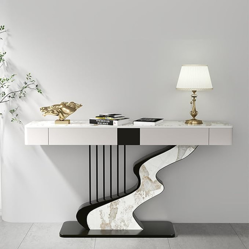 Moderner Konsolentisch Tischplatte Aus Sinterstein,Schmaler Beistelltisch Mit 2 Aufbewahrungsschubladen,Console Table Eingangstisch Für Die Inneneinrichtung Mit Metallrahmen(Natural+Black,120cm)