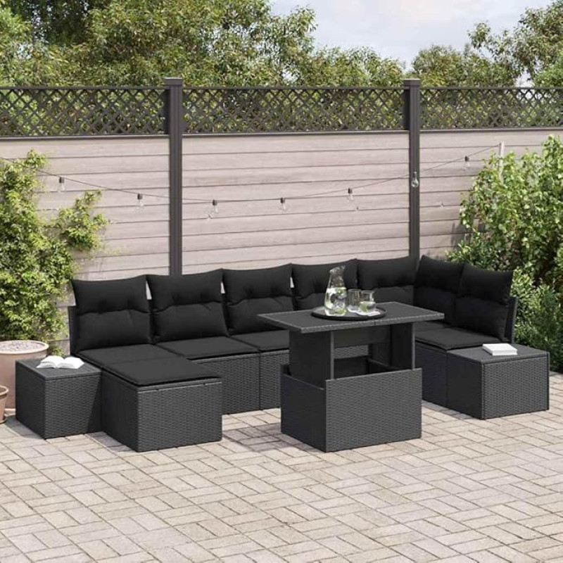 Modulares Gartensofa-Set 8-teilig in Schwarz und Creme mit höhenverstellbarem Tisch, Glasplatte und Kissen aus Poly-Rattan