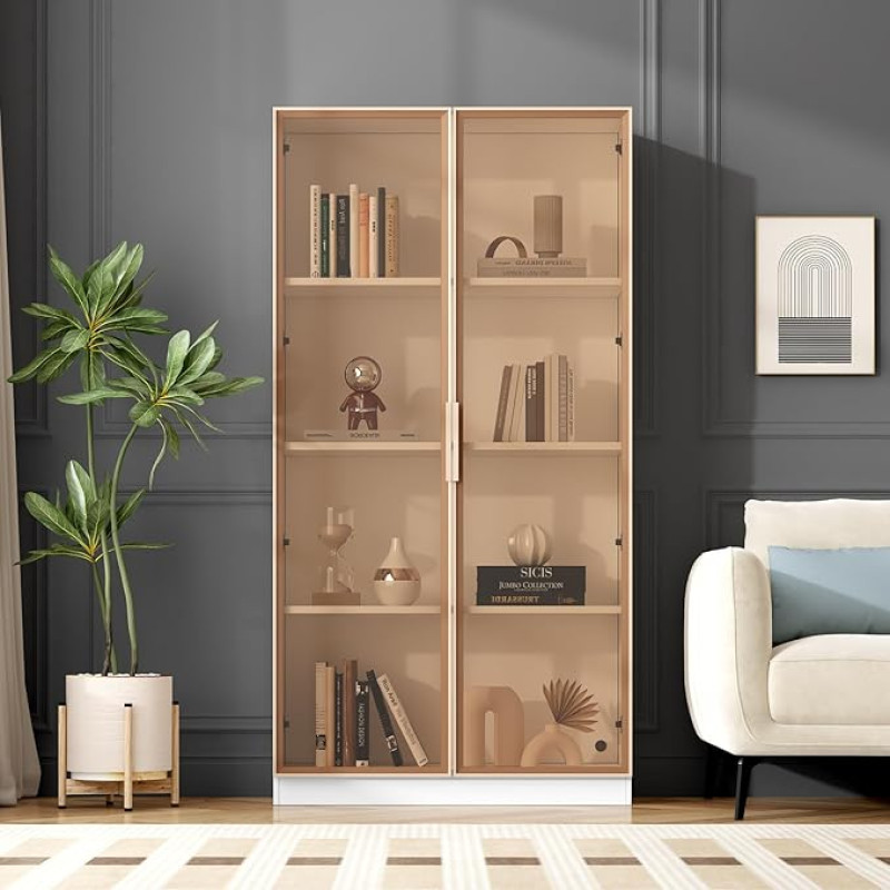 Kolekcijų vitrina su apšvietimu, stiklinė vitrina su durelėmis, 160 x 80 x 40 cm, 16 spalvų, svetainės baldai, stiklinės vitrinos, su reguliuojamomis lentynomis, knygų spinta (E, balta)
