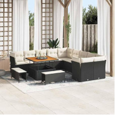 Gartensofa-Set 13-teilig schwarz Poly-Rattan mit Kissen und Akazienholz Tisch, inklusive abnehmbaren Kissenbezügen und höhenverstellbarem Tisch