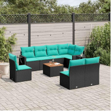 9-teiliges Gartensofa-Set mit Kissen aus schwarzem Polyrattan inklusive Beistelltisch - Gartenmöbel Set für Terrasse und Garten