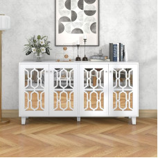 Moimhear White Mirrored Sideboard with Cool Crystal Handles, Four Doors, with Movable Laminate, for Living and Dining Room, 160 x 40 x 84 cm