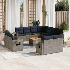12-teiliges Gartensofa-Set mit Kissen aus grauem Polyrattan und Beistelltisch als Gartenmöbel Set mit abnehmbaren Bezügen