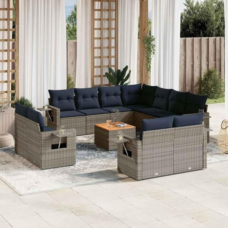 12-teiliges Gartensofa-Set mit Kissen aus grauem Polyrattan und Beistelltisch als Gartenmöbel Set mit abnehmbaren Bezügen