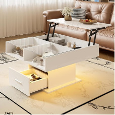 Merax Height-adjustable coffee table, 78 x 78 cm x 45.5/59.5 cm, multifunctional living room table, with LED lights and drawer, for living room, apartment, easy assembly, white