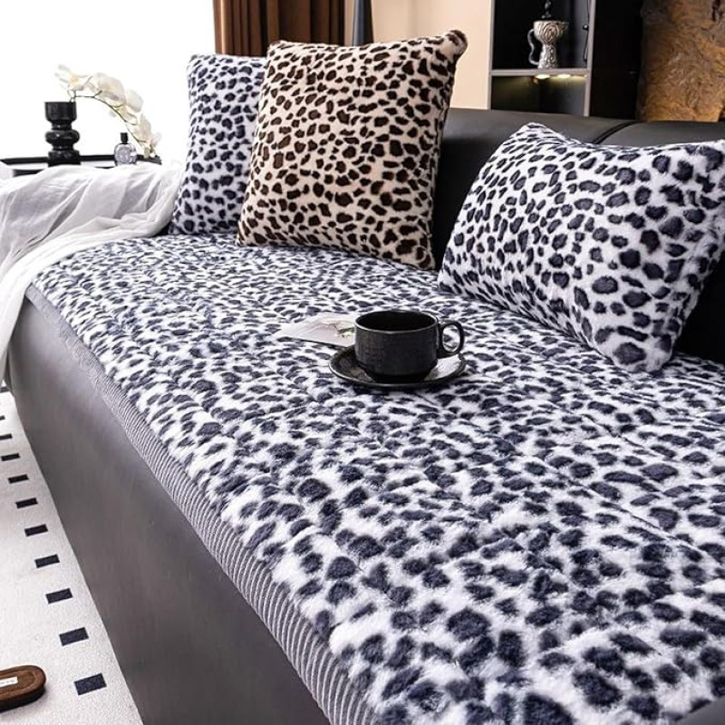 Leopardo rašto sofos užvalkalas šunims ir katėms, skalbiamas, neslystanti apsauga sofoms, storas pliušinis užvalkalas kampinei sofai, foteliui, sofos komplektui, universalus (pilkai baltas, 110 x 210 cm / 43 x 82 coliai)
