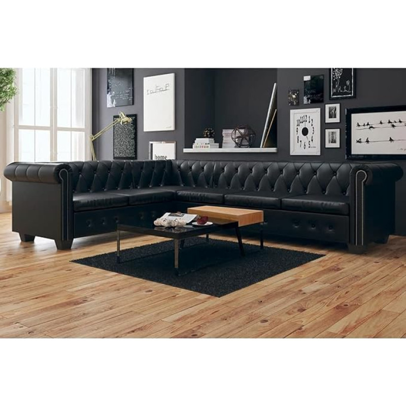Gecheer Chesterfield Sofa 6-Sitzer Loungesofa Stoffsofa Polstersofa Sitzmöbel Polstermöbel Designsofa Wohnzimmersofa Kunstleder Schwarz