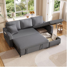 Šiuolaikinė L formos sofa, modulinė sofa lova, išskleidžiama sofa lova su miego funkcija, su saugykla, kairėje ir dešinėje pusėje keičiami šezlongai, lininė (tamsiai pilka-A)