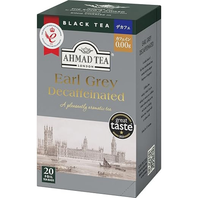 Ahmad Tea - Earl Grey Caffeine Free - Caffeine Free Black Tea with Bergamot - Individually Wrapped, Aroma-Sealed Tea Bags with 2g Tea per Serving - 20 Tea Bags with Ribbon
