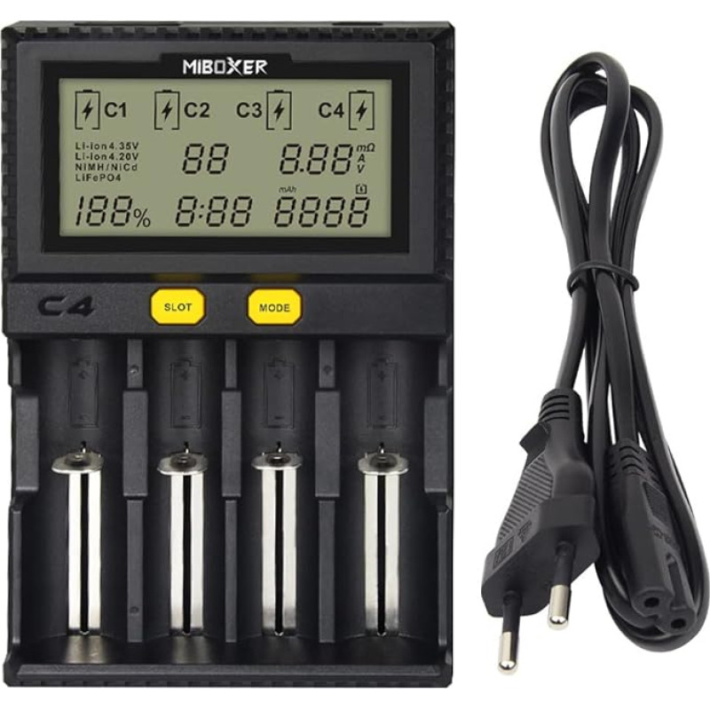 LGIDTECH C4 MiBOXER 18650 baterijų įkroviklis su 4 lizdais ir automobiliniu įkrovikliu, skirtas AA AAA C 26650 16340 18500 18350 17670 RCR123 Li-ion/IMR/INR/ICR/NI-MH/NI-Cd/LiFePO4 baterijoms