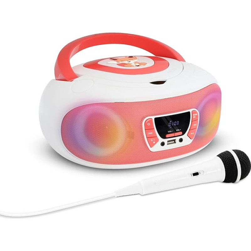 mooov 477409 CD grotuvas, vaikiškas radijas su mikrofonu karaokė funkcijai, USB prievadas - vaikiškas nešiojamasis radijas su rankenėle ir šviesos efektais - maitinamas iš tinklo arba baterijomis - rožinis/baltas