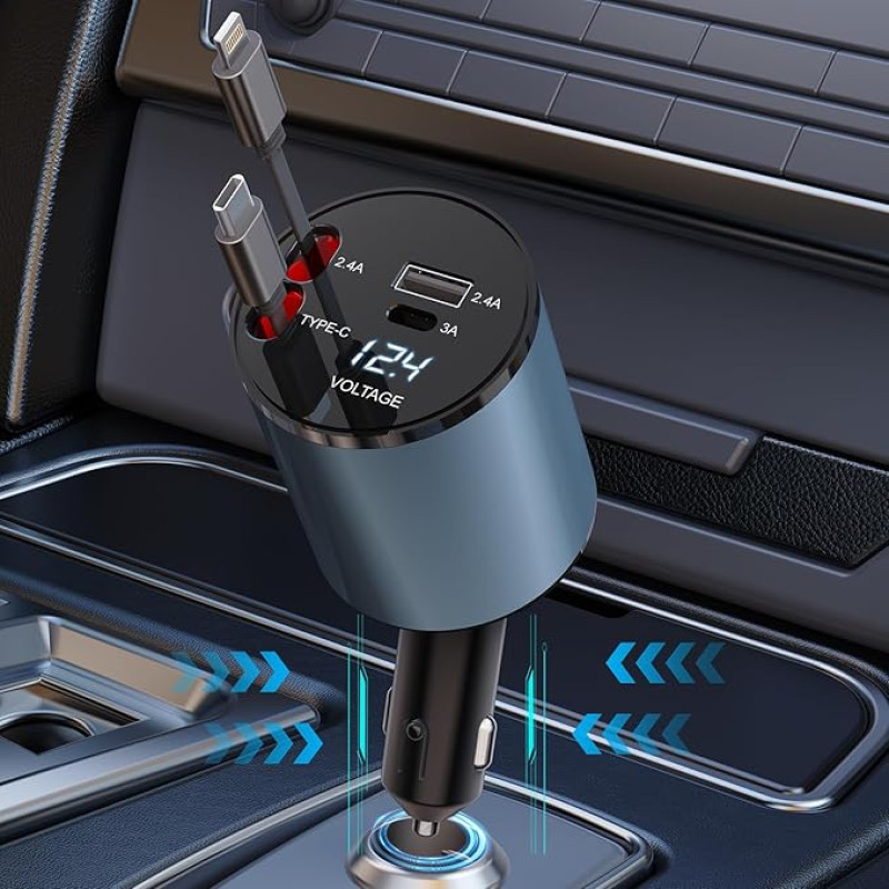 4-in-1 ištraukiamas automobilinis įkroviklis, greitas automobilinis mobiliojo telefono įkroviklis su 69 W ištraukiamu kabeliu ir 2 USB prievadų automobilinio įkroviklio adapteriu, suderinamas su 
