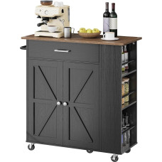 CHOEZON Rollbarer Kücheninselwagen mit Stauraum, Kücheninseltisch mit Doppeltürschrank, Küchenwagen mit Rollen, Kücheninsel mit Stauraum, Rollwagen, mobiler Küchentisch, Schwarz und Walnuss DMZD04BL