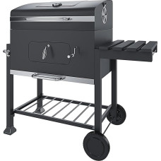Grill Holzkohlegrill BBQ Garten Picknick Balkon Terrasse mit Deckel Rollen und Thermometer Seitenregal Klappbar mit 4 Haken Griff Edelstahl 106 x 46 x 114 cm Farbe Schwarz