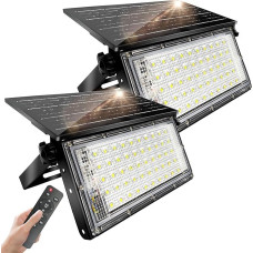 CREATESTAR Saulės prožektorius, skirtas naudoti lauke, 50 W, 2 vnt., itin ryškūs saulės žibintai, skirti naudoti lauke, su nuotolinio valdymo pulteliu, reguliuojamas apšvietimas, IP65 vandeniui atspari saulės šviesa sodui, kiemams, garažui