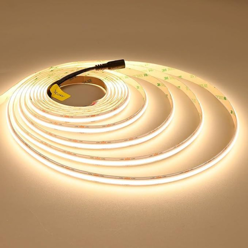 JOYLIT 24 V COB LED juosta 5 m 3000 K šiltai balta 2200 LM/M labai ryški vidaus patalpose UL CE PRO 288LEDs/M CRI 92+ 19 W/M Dimmable LED Strip Self-Adhesive 120° White LED Strip Lighting (maitinimo šaltinis ne)