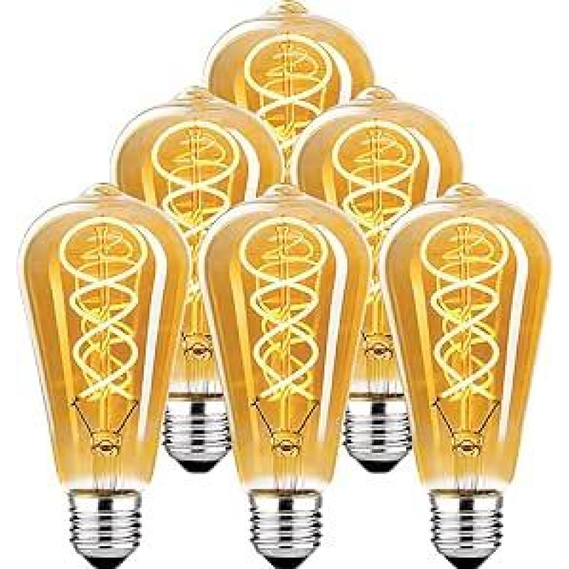 Edisono LED senovinė lemputė, reguliuojamo apšvietimo lemputė E27, 4 W LED šiltos baltos spalvos, senovinė Edisono reguliuojamo apšvietimo lemputė E27, idealiai tinkanti nostalgijai ir retro apšvietimui - gintarinė - 6 vnt. (ST64 HPS)