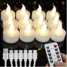 Įkraunamos LED žvakės, 12 įkraunamų LED arbatos žibintų su nuotolinio valdymo pulteliu ir laikmačiu, su 6 prievadų USB įkrovimo kabeliu, LED žvakės vestuvėms, vakarėliams, Kalėdoms, namų dekoravimui