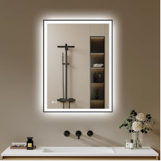 Vonios veidrodis su apšvietimu 40 x 60 cm - Vonios veidrodis LED Vonios veidrodis su apšvietimu - nuo rūko, reguliuojamas apšvietimas, 3 šviesos spalvos, sieninis veidrodis LED veidrodis Vonios juodas metalinis rėmas Horizontaliai/Vertikaliai