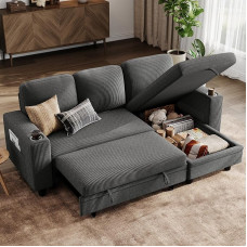 LINSY HOME sofa-lova, išskleidžiama sofa, kampinė sofa su miego funkcija, laikymo vieta, virvės užvalkalas, L formos modulinė sofa su šezlongu svetainei ir butui (tamsiai pilka, L formos)