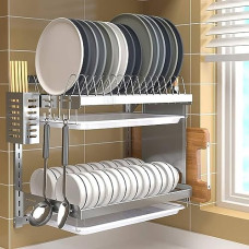 Wandmontierter Geschirrständer aus Edelstahl, 2stöckiges Küchenregal mit Abtropfschale, verstellbarer Teller- und Schüsselhalter für Besteck, Töpfe und Küchenutensilien, rostfreier Organizer für di