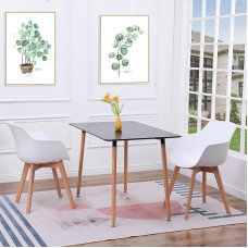 Dining Table with 2 Chairs, Rectangular Kitchen Table and Set of 2 Dining Room Chairs with Armrests for Kitchen, Living Room, Garden, Balcony (Black Table + 2 White Chairs)
