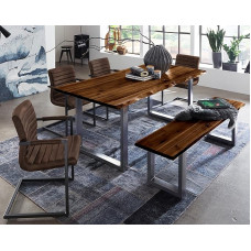 SAM Quintus valgomojo komplektas 6 dalių Wane 180 x 90 cm stalas ir 180 x 42 cm suolas Akacijų mediena Riešutmedžio spalvos rėmas Sidabro spalvos 4 x Parzivo supamosios kėdės Zomšos išvaizdos