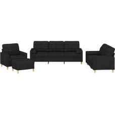 4-TLG. Sofagarnitur mit Kissen Schwarz Stoff - bequemes Sofa Set mit dick gepolsterten Sitzflächen, Armlehnen und Rückenkissen, inklusive praktischer Rollkissen und vielseitigem